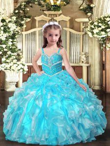 New Arrival Aqua Blue Sleeveless Beading and Ruffles Floor Length Pageant Dress for Teens