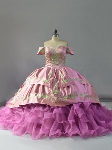 Lilac Ball Gowns Organza Off The Shoulder Sleeveless Embroidery and Ruffles Lace Up 15th Birthday Dress Chapel Train