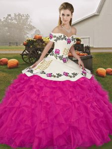 Best Selling Fuchsia Lace Up Off The Shoulder Embroidery and Ruffles Quinceanera Gown Organza Sleeveless