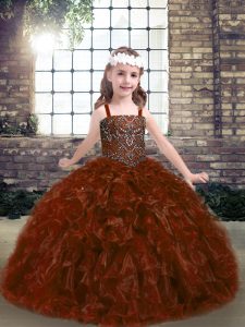 Floor Length Rust Red Kids Pageant Dress Straps Sleeveless Lace Up