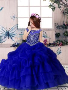 Royal Blue Ball Gowns Organza Scoop Sleeveless Beading and Pick Ups Floor Length Zipper Little Girl Pageant Dress