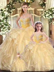 Clearance Floor Length Champagne Quinceanera Gowns Organza Sleeveless Beading and Ruffles