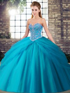 Admirable Aqua Blue Quince Ball Gowns Sweetheart Sleeveless Brush Train Lace Up