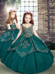 Teal Child Pageant Dress Military Ball and Sweet 16 and Wedding Party with Beading and Embroidery Straps Sleeveless Lace Up