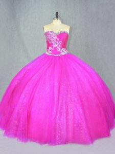 Excellent Fuchsia Sleeveless Beading Floor Length 15 Quinceanera Dress