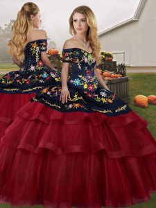 Glamorous Tulle Sleeveless Sweet 16 Quinceanera Dress Brush Train and Embroidery and Ruffled Layers