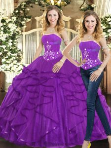 Purple Sleeveless Beading and Ruffles Floor Length Ball Gown Prom Dress