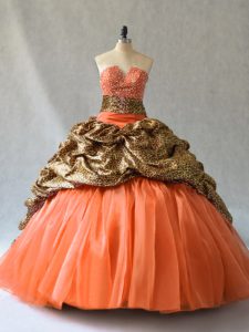 Lace Up Quinceanera Gown Orange for Sweet 16 and Quinceanera with Beading and Pick Ups Brush Train