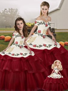 Wine Red Quinceanera Dress Tulle Brush Train Sleeveless Embroidery and Ruffled Layers