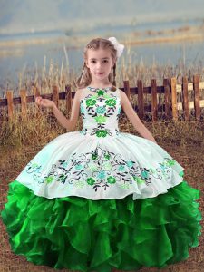 Green Scoop Lace Up Embroidery and Ruffles Pageant Gowns For Girls Sleeveless