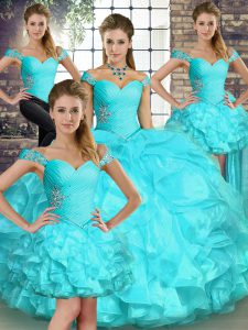 Aqua Blue Organza Lace Up Off The Shoulder Sleeveless Floor Length Quince Ball Gowns Beading and Ruffles