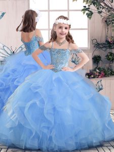 Custom Fit Blue Girls Pageant Dresses Party and Sweet 16 and Wedding Party with Beading Straps Sleeveless Lace Up