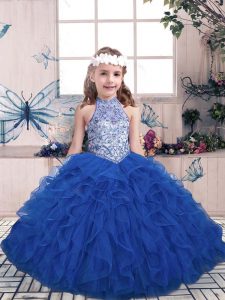 Blue Lace Up High-neck Beading and Ruffles Little Girls Pageant Gowns Tulle Sleeveless