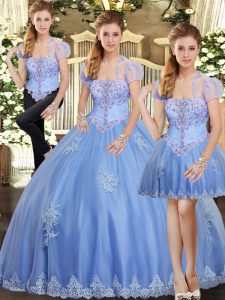 Floor Length Three Pieces Sleeveless Light Blue Vestidos de Quinceanera Lace Up