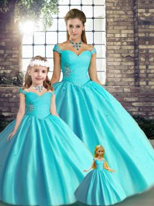 High Quality Floor Length Aqua Blue Sweet 16 Dresses Off The Shoulder Sleeveless Lace Up