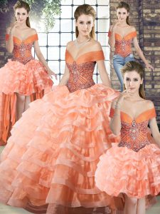 Peach Ball Gowns Off The Shoulder Sleeveless Organza Brush Train Lace Up Beading and Ruffled Layers Sweet 16 Dress