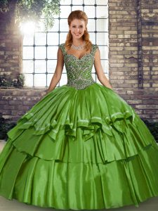 Green Lace Up Straps Beading and Ruffled Layers 15 Quinceanera Dress Taffeta Sleeveless