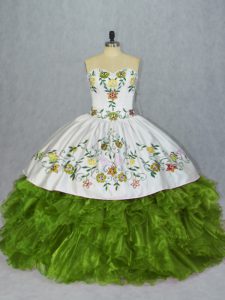 Olive Green Lace Up Sweetheart Embroidery and Ruffles 15th Birthday Dress Organza Sleeveless