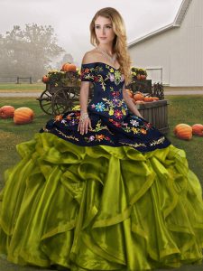 Pretty Embroidery and Ruffles Quinceanera Dress Olive Green Lace Up Sleeveless Floor Length