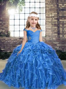 Popular Blue Lace Up Pageant Dress Toddler Beading and Ruffles Sleeveless Floor Length
