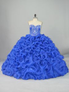 New Arrival Blue Ball Gowns Sweetheart Sleeveless Organza and Elastic Woven Satin Brush Train Lace Up Beading and Pick Ups Quinceanera Dresses