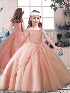 Peach Lace Up Off The Shoulder Beading Pageant Dress Womens Tulle Sleeveless