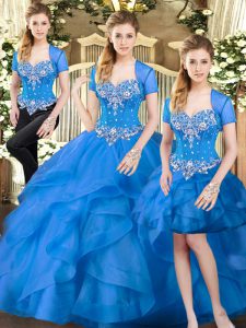 Designer Blue Sweet 16 Dress Military Ball and Sweet 16 and Quinceanera with Beading and Ruffles Sweetheart Sleeveless Lace Up