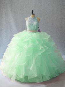 Suitable Sleeveless Beading and Ruffles Backless Ball Gown Prom Dress with Apple Green Brush Train