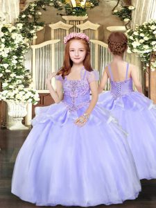 Perfect Floor Length Lavender Little Girl Pageant Gowns Organza Sleeveless Beading