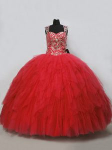 Classical Red Straps Lace Up Beading and Ruffles Quinceanera Dresses Sleeveless