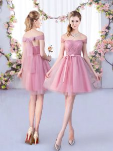 Stylish Sleeveless Tulle Mini Length Lace Up Vestidos de Damas in Pink with Belt