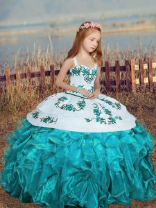 Aqua Blue Kids Pageant Dress Party and Sweet 16 and Wedding Party with Embroidery and Ruffles Straps Sleeveless Lace Up