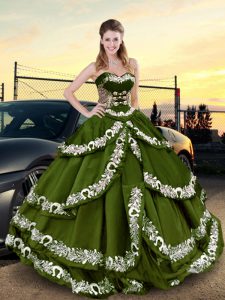 Fabulous Olive Green Taffeta Lace Up Sweet 16 Dresses Sleeveless Floor Length Embroidery and Ruffled Layers