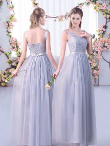 Top Selling Grey Tulle Side Zipper V-neck Sleeveless Floor Length Quinceanera Dama Dress Lace and Belt