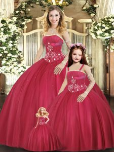 Red Ball Gowns Strapless Sleeveless Tulle Floor Length Lace Up Beading Sweet 16 Dress