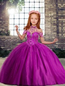 Fuchsia Ball Gowns Tulle High-neck Sleeveless Beading Floor Length Lace Up Little Girl Pageant Gowns