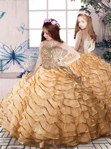 Gold Ball Gowns Straps Sleeveless Organza Court Train Lace Up Beading and Ruffled Layers Kids Formal Wear