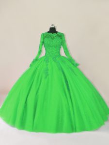 Green Ball Gowns Tulle Scalloped Long Sleeves Lace Floor Length Zipper Vestidos de Quinceanera