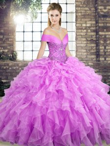 Cute Lilac Ball Gowns Beading and Ruffles Sweet 16 Dresses Lace Up Organza Sleeveless