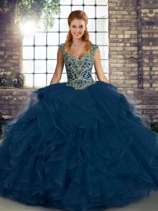 Deluxe Floor Length Ball Gowns Sleeveless Blue Quinceanera Dresses Lace Up