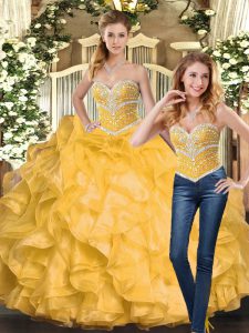 Great Floor Length Lace Up Quinceanera Dress Gold for Sweet 16 and Quinceanera with Beading and Ruffles