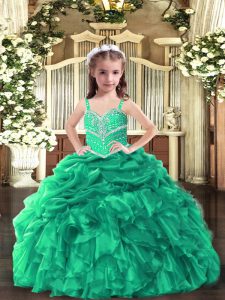 Super Straps Sleeveless Little Girl Pageant Gowns Floor Length Beading and Ruffles Green Organza