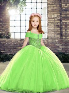 Custom Designed Yellow Green Ball Gowns Tulle Straps Sleeveless Beading Lace Up Little Girls Pageant Gowns