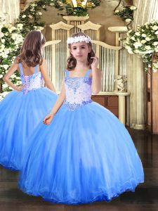 Baby Blue Tulle Lace Up Straps Sleeveless Floor Length Little Girls Pageant Gowns Beading