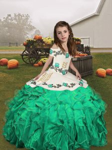 Fantastic Straps Sleeveless Organza Glitz Pageant Dress Embroidery and Ruffles Lace Up