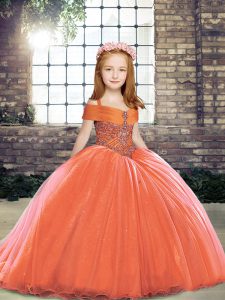 Orange Red Sleeveless Beading Floor Length Little Girls Pageant Dress Wholesale