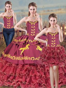 Discount Burgundy Sleeveless Satin and Organza Brush Train Lace Up Sweet 16 Dress for Sweet 16