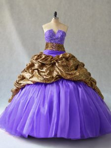 High Quality Sleeveless Beading and Pick Ups Lace Up Sweet 16 Dresses with Lavender Brush Train