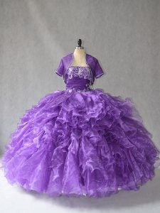 Noble Purple Strapless Neckline Beading and Ruffles Quinceanera Dresses Sleeveless Lace Up