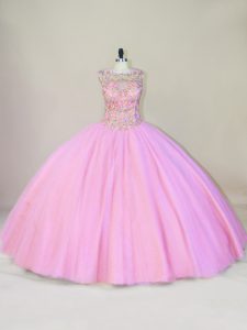 Charming Pink Tulle Lace Up Scoop Sleeveless Sweet 16 Dresses Beading